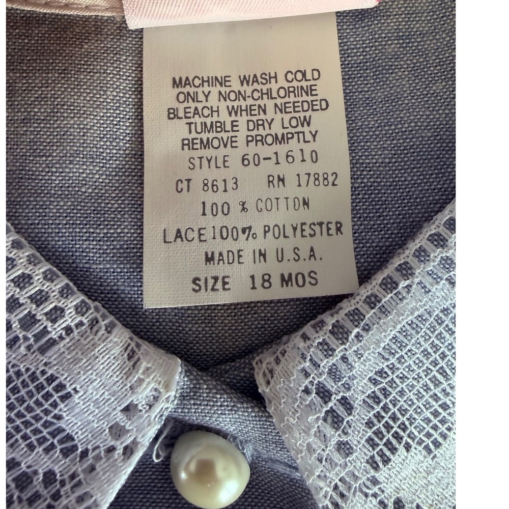 Vintage Carters Baby Girl Floral Chambray Lace Dress 18 Months Made in USA 18 Mo - Picture 8 of 8